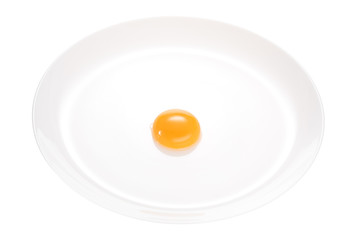Raw egg yolk on a plate. Isolated on white background.