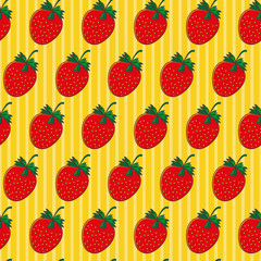 Vector seamless pattern with strawberry on stripe yellow backdrop. Food background. Can be used for restaurant or cafe menu, design banners, wrapping paper. EPS10. Cute berry design, wallpaper, print 