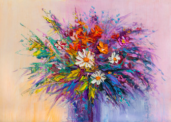 Oil painting a bouquet of flowers .