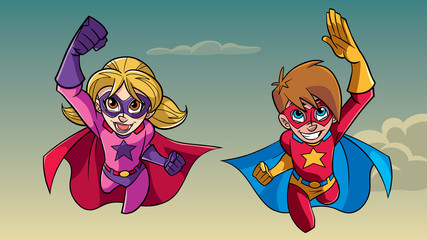 Illustration of happy super boy and super girl flying high in the sky side by side.


