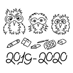 2019-2020. Cute Owl, school supplies .
