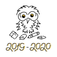 2019-2020. Cute Owl, school supplies ." Hand drawing .Vector illustration on white background.