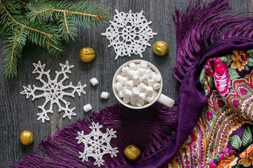 Christmas background with christmas decor. Top view