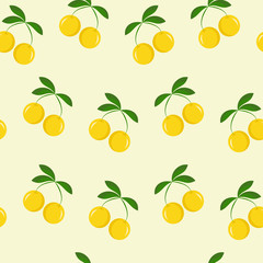 Fashion seamless pattern with yellow cherries. Colorful summer vector backdrop. Berry background. For cover, design banner, wrapping paper, wallpaper, print on clothes for boys and girls.