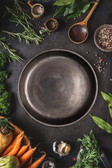 Food cooking and healthy eating background with empty dark rustic plate and fresh seasoning, spoon...