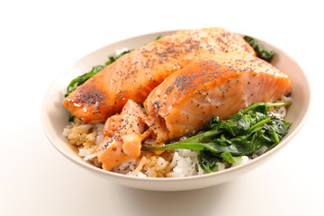 rice, salmon and vegetable- teriyaki