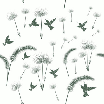 Fototapeta Floral dandelion pattern with flowers and birds