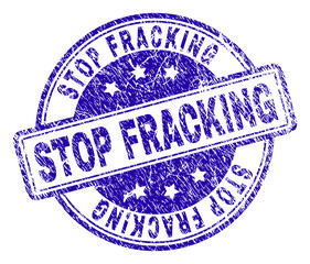 STOP FRACKING stamp seal watermark with grunge texture. Designed with rounded rectangles and circles. Blue vector rubber print of STOP FRACKING title with dirty texture.