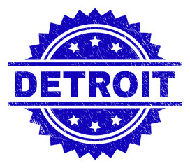 DETROIT stamp seal watermark with distress style. Blue vector rubber print of DETROIT text with dirty texture.
