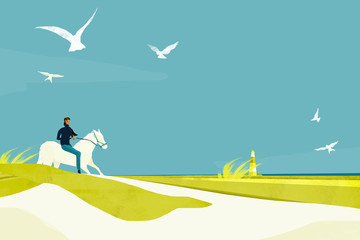 Woman riding on a white horse in dunes with lighthouse and birds in background 
