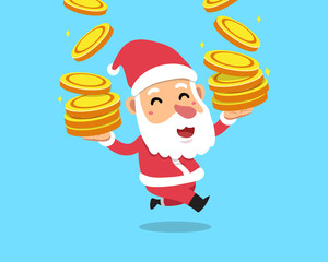 Vector cartoon santa claus with big money coins stack