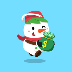 Vector cartoon christmas snowman with money bag