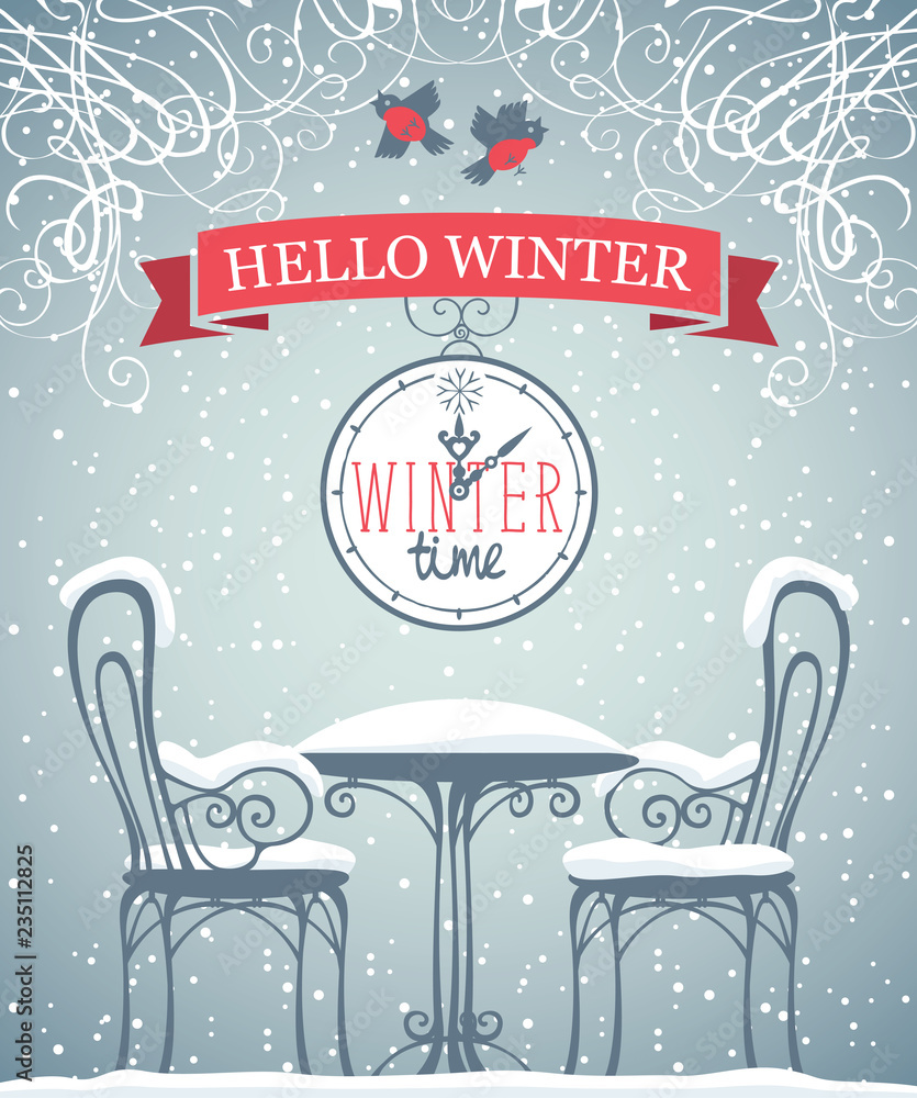 Aufkleber vector banner with words winter time on the clock and words hello winter on the red ribbon in retro 