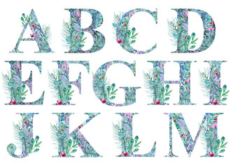 Christmas alphabet, design with watercolor leaves, berries, Christmas tree © Anja Vecta
