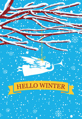 Snowy winter banner with the words Hello Winter on a blue background with snowflakes. Vector illustration with a Christmas angel toy with a horn hanging on snow-covered tree branches in park or garden