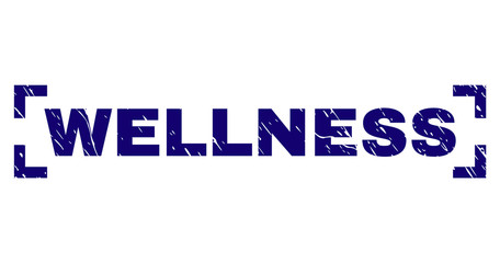 WELLNESS label seal watermark with corroded texture. Text title is placed between corners. Blue vector rubber print of WELLNESS with corroded texture.