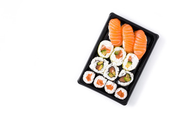 sushi assortment on black tray isolated on white background. Top view. Copyspace