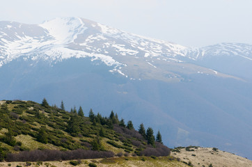 Fototapeta premium Spring view with melting snow in the mountains