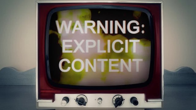 A retro vintage TV showing the text Warning Explicit Content appearing over a set of spinning circles with a lens flare at the beginning. Dotty grindhouse low-budget b-movie style.
