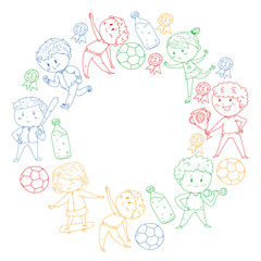 Children sport competitions. Young atheles playing soccer, football, baseball, basketball. Boys and girls running. Images of rhythic gymnastics, figure skating.