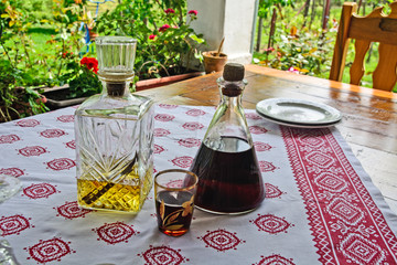 Brandy and wine on the table
