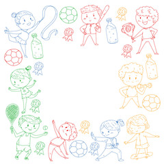 Children sport competitions. Young atheles playing soccer, football, baseball, basketball. Boys and girls running. Images of rhythic gymnastics, figure skating.