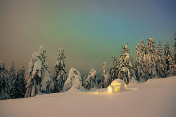 Night winter scene with an igloo snow