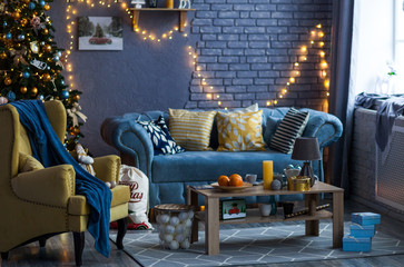 Spacious and light living room decorated for Christmas