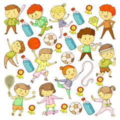 Children sport competitions. Young atheles playing soccer, football, baseball, basketball. Boys and girls running. Images of rhythic gymnastics, figure skating.