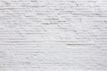 White Rustic Texture. Retro Whitewashed Old Brick Wall Surface. Vintage Structure. Grungy Shabby Uneven Painted Plaster. Whiten Facade Background. Design Element. Abstract Light White Web Banner.