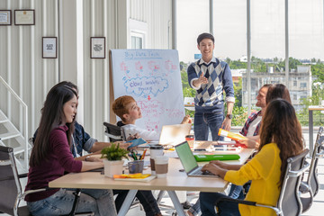Asian Creative manager man presenting the successful ideas in front of Group Of Asian Business people with casual suit in serious action in the modern workplace, Group people business concept