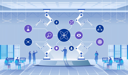 Science lab. Scientists man and woman conducting research in a lab. DNA molecules.