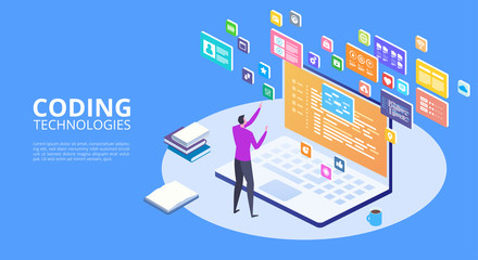 Developing programming and coding technologies concept. Isometric programmer