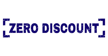 ZERO DISCOUNT text seal print with corroded effect. Text tag is placed inside corners. Blue vector rubber print of ZERO DISCOUNT with corroded texture.