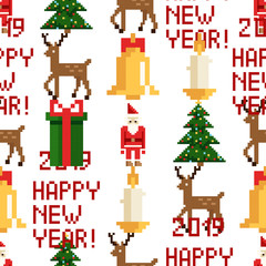 Colorful Pixel Pattern with Christmas Elements. Atcade games style