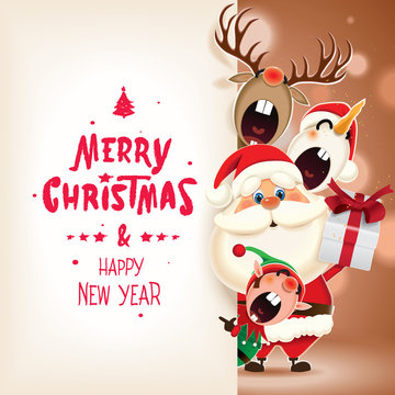 Christmas companions-Santa Claus, Snowman,Reindeer and Elf peeking beside textual web banner isolated on a ocher sparkle background