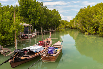 Obraz premium Traditional Thai Longtail fishing boats in shallow water in a sheltered mangrove forest