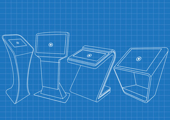 Blueprint of four Promotional Interactive Information Kiosk, Advertising Display, Terminal Stand, Touch Screen Display. Mock Up Template.