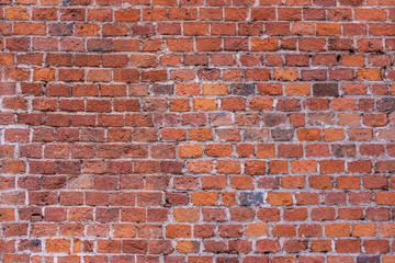 Fototapeta premium Background or Brickwork Texture Of Old Vintage Dirty Red Or Brown Brick Wall, Texture. Shabby Building Facade, Abstract Web Banner. Copy Space.