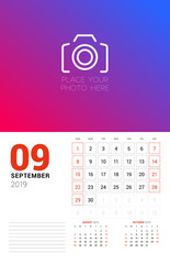 Wall calendar planner template for September 2019. Week starts on Sunday. Vector illustration