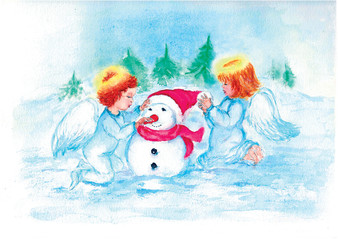 Angels are plaing snow watercolor hand painting
