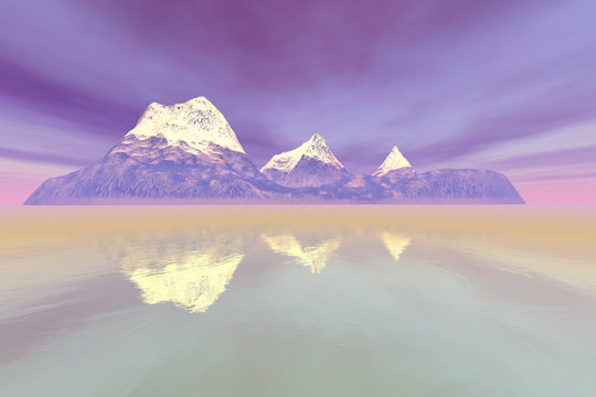 Island, a natural landscape, snowy mountain peaks, fog on the lake and red clouds in the sky.