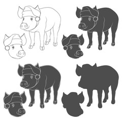 Black and white illustration of a pig in a Christmas hat. Isolated vector objects on white background.