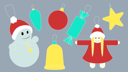 Set of colored holiday Christmas toys. Vector