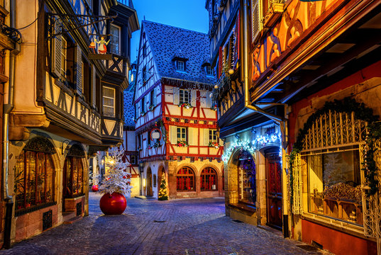 Traditional Christmas decorations and illumination in Colmar Old Town, Alsace, France