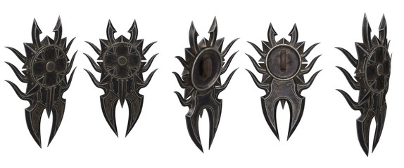 fantasy black shield with spikes on an isolated background. 3d illustration