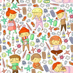 Children medical center. Healthcare illustration. Doodle icons with small kids, infection, fever, cold, virus, illness.