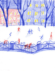 Illustration of ice skaters in Park. Color pencil on white background