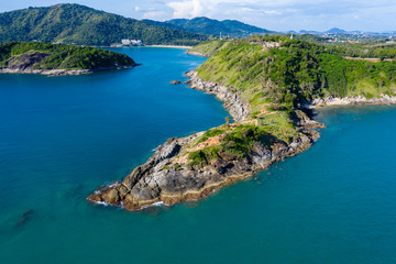 Aerial drone view of the beautiful Promthep Cape overlooking the Andaman Sea from Phuket island