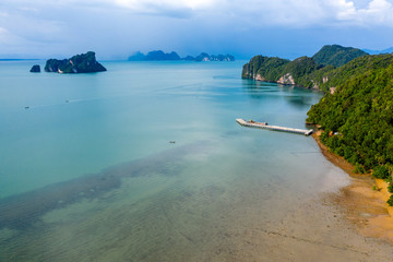 Aerial drone view of the rugged, beautiful island of Koh Yao Noi in the Phang Nga bay area of...